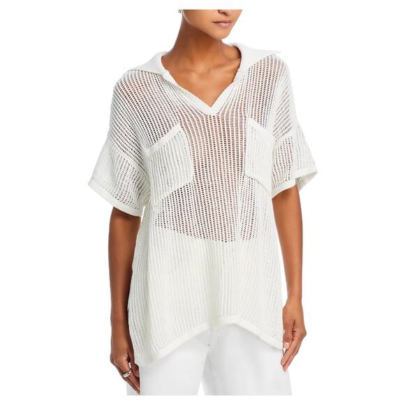 VINTAGE HAVANA WOMENS SMALL COLLARED V-NECK OPEN KNIT POLO COTTON SWEATER WHITE - Picture 1 of 12